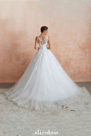 Illusion Neck White Wedding Dress Sleeveless Lace Appliques Bridal Gown online