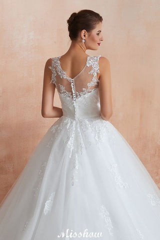 Illusion Neck White Wedding Dress Sleeveless Lace Appliques Bridal Gown online