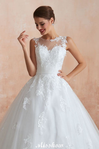 Illusion Neck White Wedding Dress Sleeveless Lace Appliques Bridal Gown online