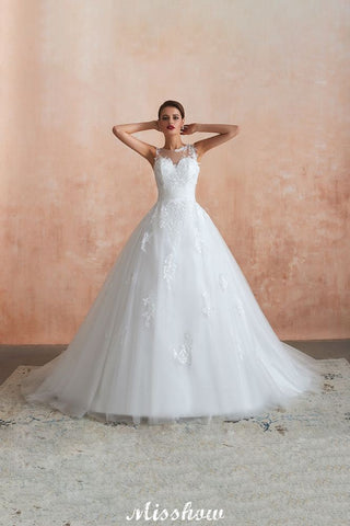 Illusion Neck White Wedding Dress Sleeveless Lace Appliques Bridal Gown online