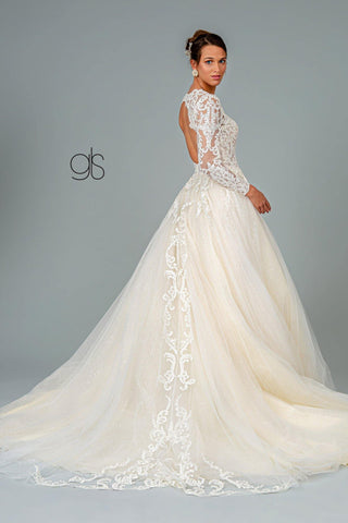Illusion V-Neck Embroidered Mesh Long Wedding Gown