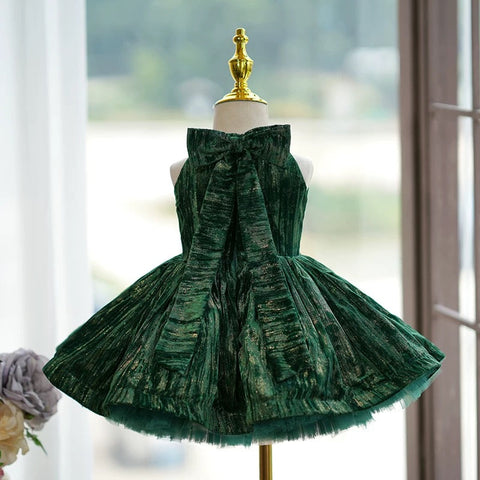 Velvet Knee-length Green Birthday Holiday Baby Girl Dress