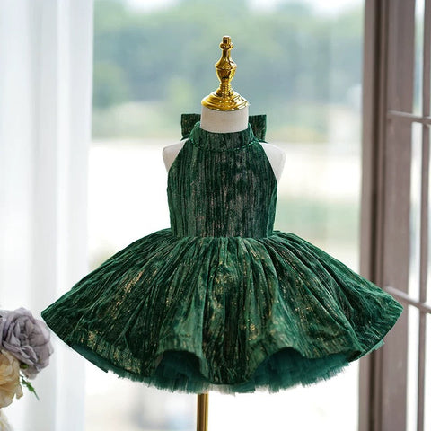 Velvet Knee-length Green Birthday Holiday Baby Girl Dress