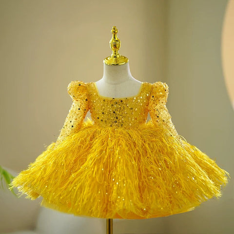 Yellow Sequin Long Sleeves Knee-length Baby Girl Dress