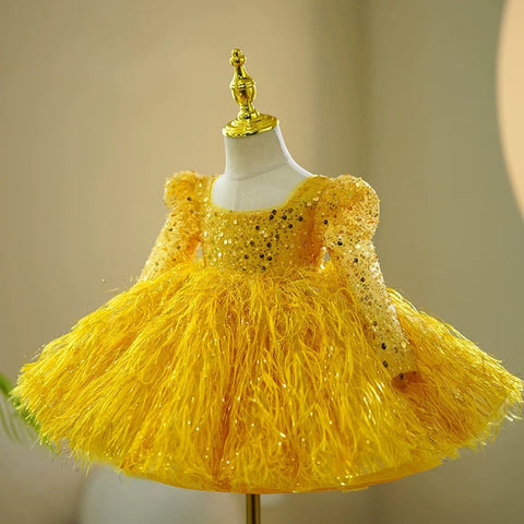 Yellow Sequin Long Sleeves Knee-length Baby Girl Dress