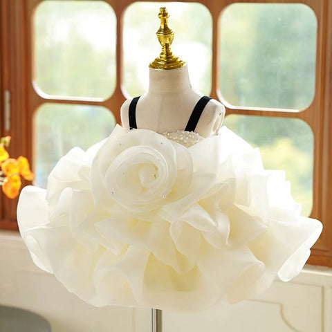 3D Flower Organza Knee-length 1st Birthday Party Baby Girl Dress
