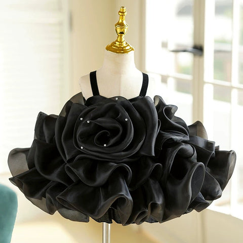 3D Flower Organza Knee-length 1st Birthday Party Baby Girl Dress