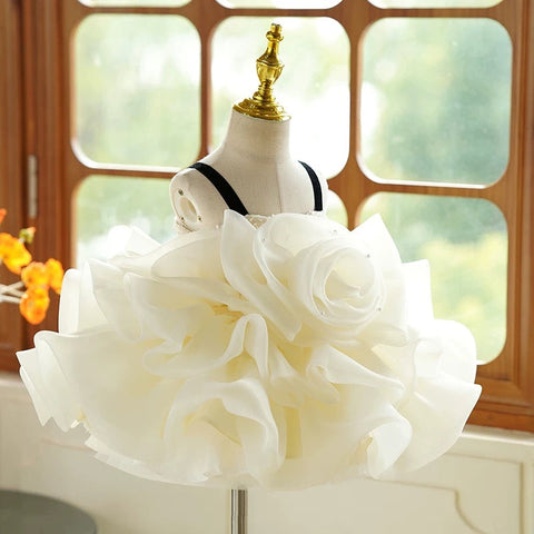 3D Flower Organza Knee-length 1st Birthday Party Baby Girl Dress