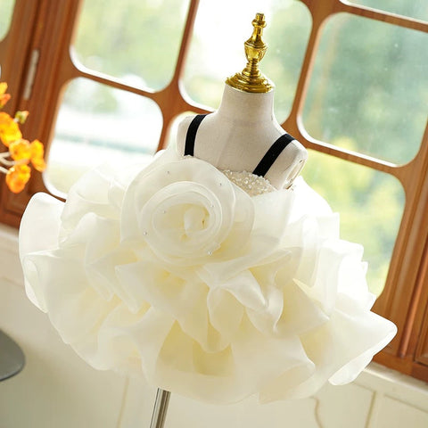 3D Flower Organza Knee-length 1st Birthday Party Baby Girl Dress