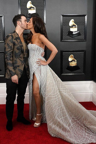 Robe de bal longue bleue bustier trapèze, robe de soirée unique