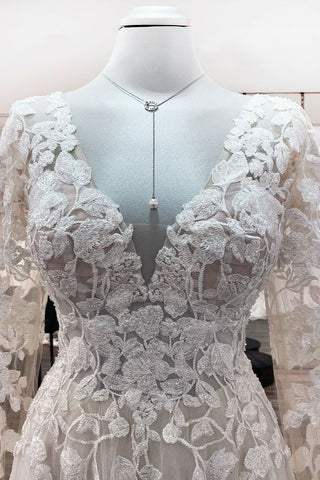 Ivory A-line Tulle Long Sleeves Lace Appliques Open Back Wedding Dresses