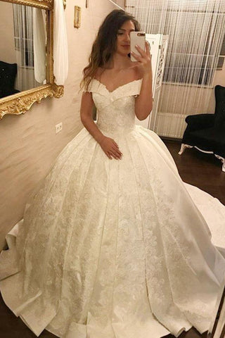 Ivory Long Ball Gown Off the Shoulder Satin Lace Appliques Wedding Dress
