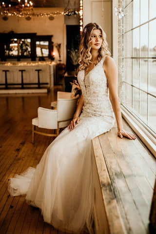Ivory Long Mermaid V-neck Straps Tulle Lace Wedding Dress with Ruffles