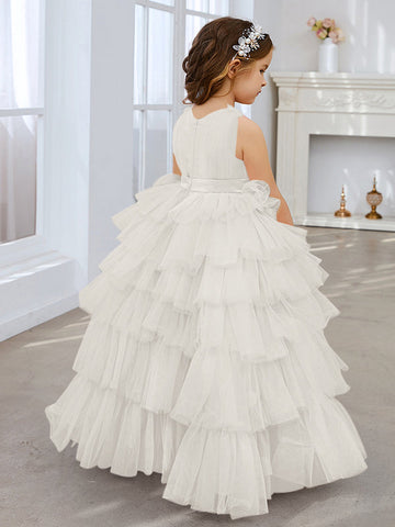 Ball-Gown/Princess Pearl Pink Sleeveless Tulle Bow Flower Girl Dress (010220814)