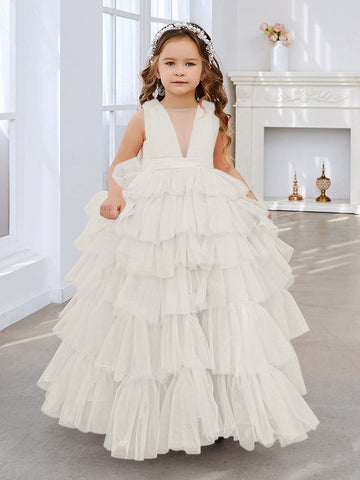 Ball-Gown/Princess Pearl Pink Sleeveless Tulle Bow Flower Girl Dress