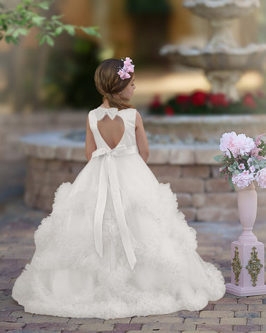 A-line Satin Tulle Floor-length Cascading Ruffles Flower Girl Dress