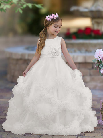 A-line Satin Tulle Floor-length Cascading Ruffles Flower Girl Dress