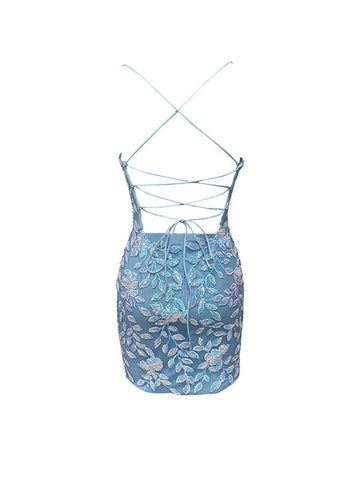 Robes de bal moulantes à col en V en dentelle bleue