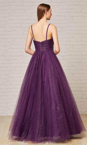 Pleat-Ornate Glitter A-Line Gown