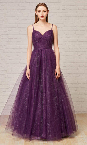 Pleat-Ornate Glitter A-Line Gown