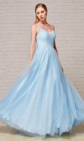 Pleat-Ornate Glitter A-Line Gown