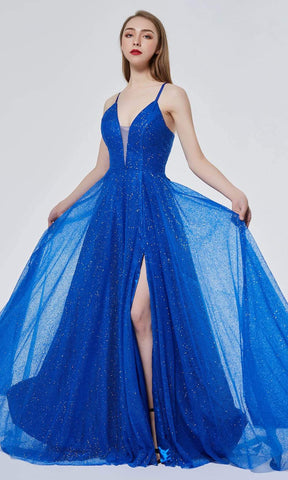 Glitter-Embellished Slit A-line Gown