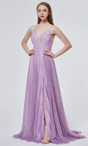 Glitter-Embellished Slit A-line Gown
