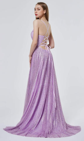 Glitter-Embellished Slit A-line Gown