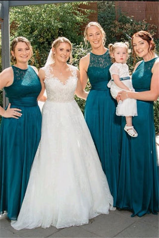 Simple Sleeveless Lace Jade Bridesmaid Dresses
