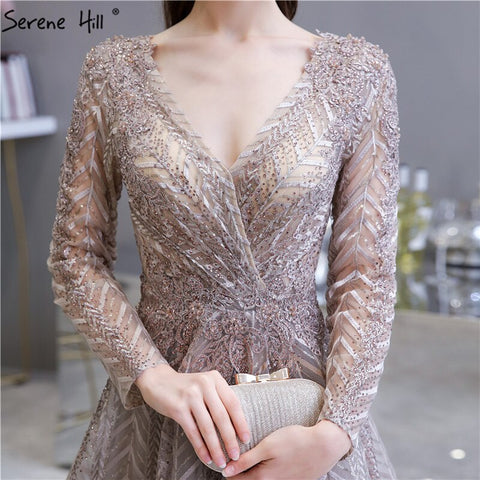 khaki Muslim Arabia Crystal  Beading Evening Dresses  Gowns For Woman 2025 Long Sleeve Formal Dress Design LA70430