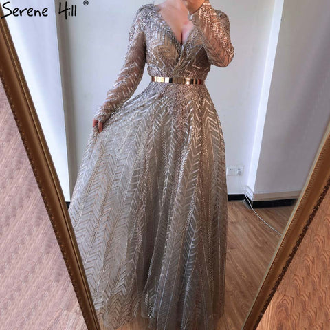 khaki Muslim Arabia Crystal  Beading Evening Dresses  Gowns For Woman 2025 Long Sleeve Formal Dress Design LA70430