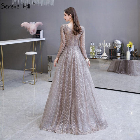 khaki Muslim Arabia Crystal  Beading Evening Dresses  Gowns For Woman 2025 Long Sleeve Formal Dress Design LA70430