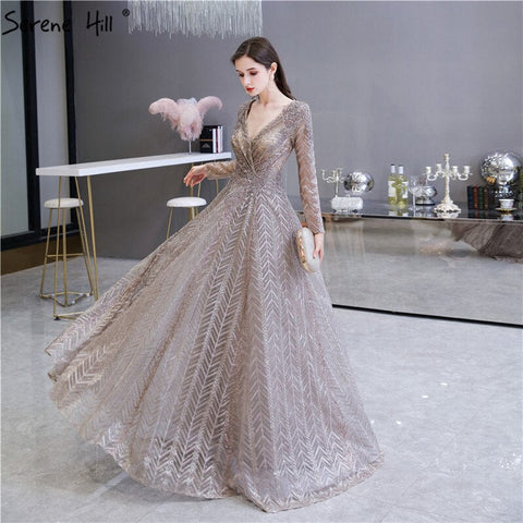 khaki Muslim Arabia Crystal  Beading Evening Dresses  Gowns For Woman 2025 Long Sleeve Formal Dress Design LA70430