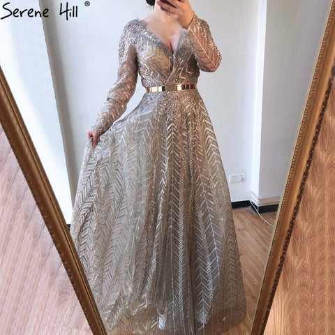 khaki Muslim Arabia Crystal  Beading Evening Dresses  Gowns For Woman 2025 Long Sleeve Formal Dress Design LA70430