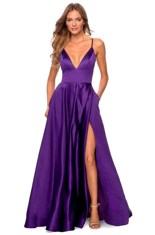 Deep V-neck Satin Junior Prom Gown