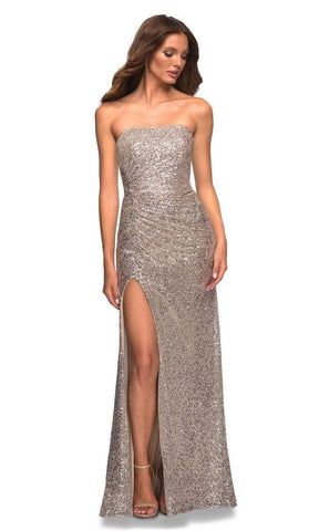Ruched Sequin Gown with Slit