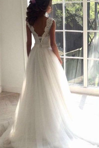 Lace A-line Simple Sleeveless Sash Open-Back Wedding Dresses