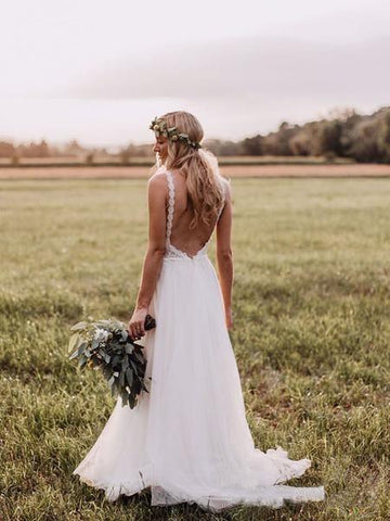 Lace Bodice Tulle Skirt Backless Bridal Gown Minimalist Wedding Dresses WD439