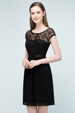 Lace Top Chiffon A-line Short Scoop Bridesmaid Dresses