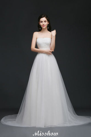 Lace White A-line Strapless Tulle Wedding Dress