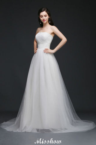 Lace White A-line Strapless Tulle Wedding Dress