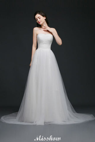 Lace White A-line Strapless Tulle Wedding Dress