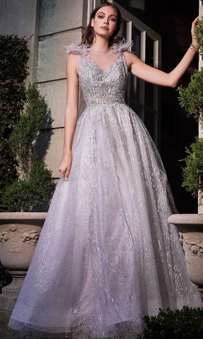 Feather Layered Jewel Neck Evening Dress