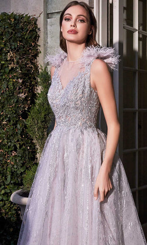 Feather Layered Jewel Neck Evening Dress
