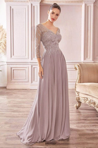 Sheer Quarter Beaded Chiffon Gown