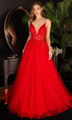 Plunging V-Neck Appliqued Classic Prom Gown