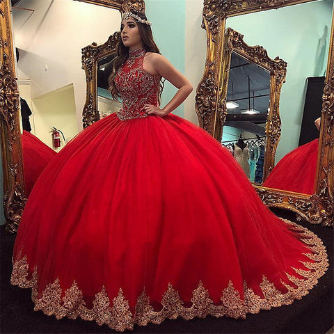 Latest Long Ball Gown High Neck Tulle Red Quinceanera Dress