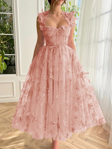 Aline Tulle Midi Prom Dress with 3D Butterflies