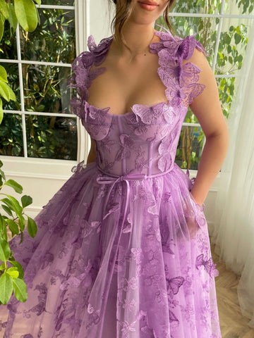Aline Tulle Midi Prom Dress with 3D Butterflies
