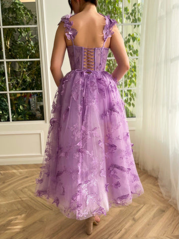 Aline Tulle Midi Prom Dress with 3D Butterflies